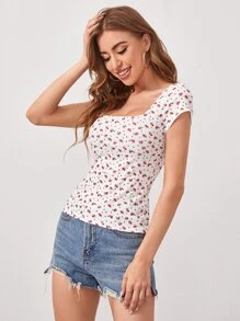 SHEIN Square Neck Rib-knit Ditsy Floral Top - White - View 5