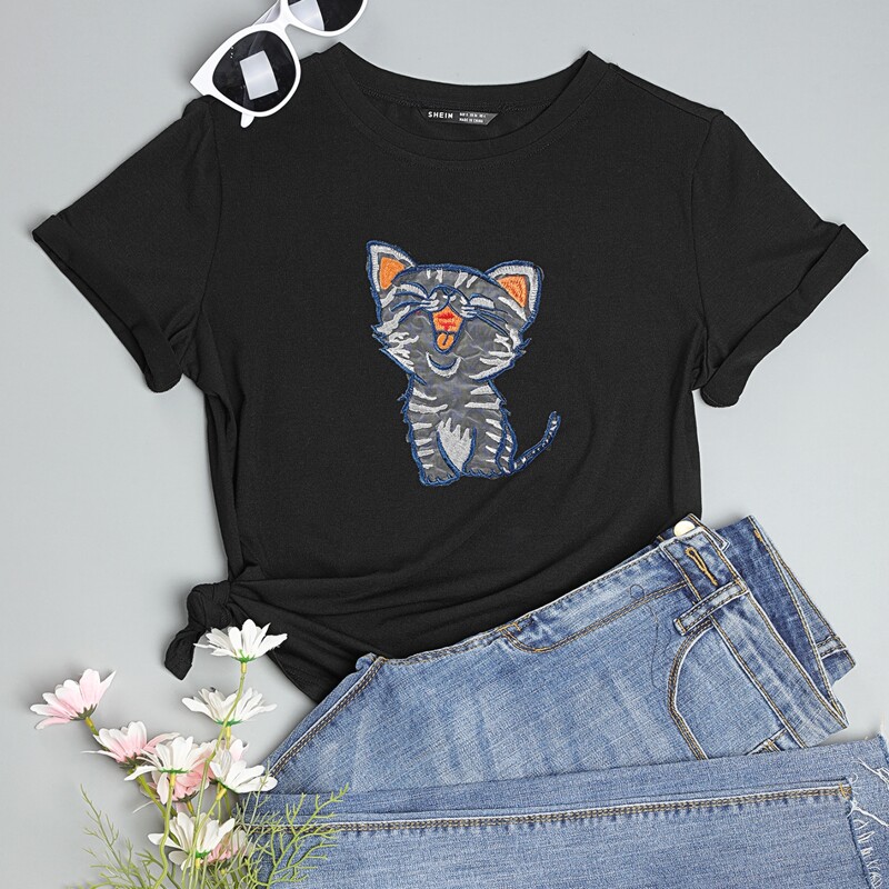 

Cat Embroidery Tee, Black