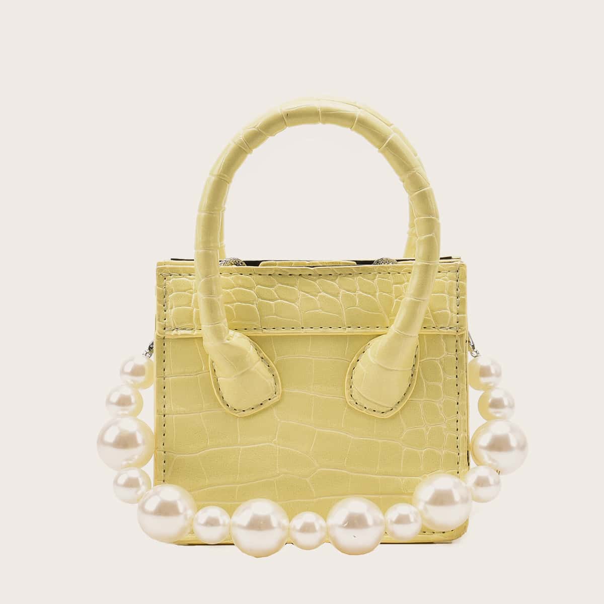 

Mini Faux Pearl Decor Croc Embossed Satchel Bag, Yellow