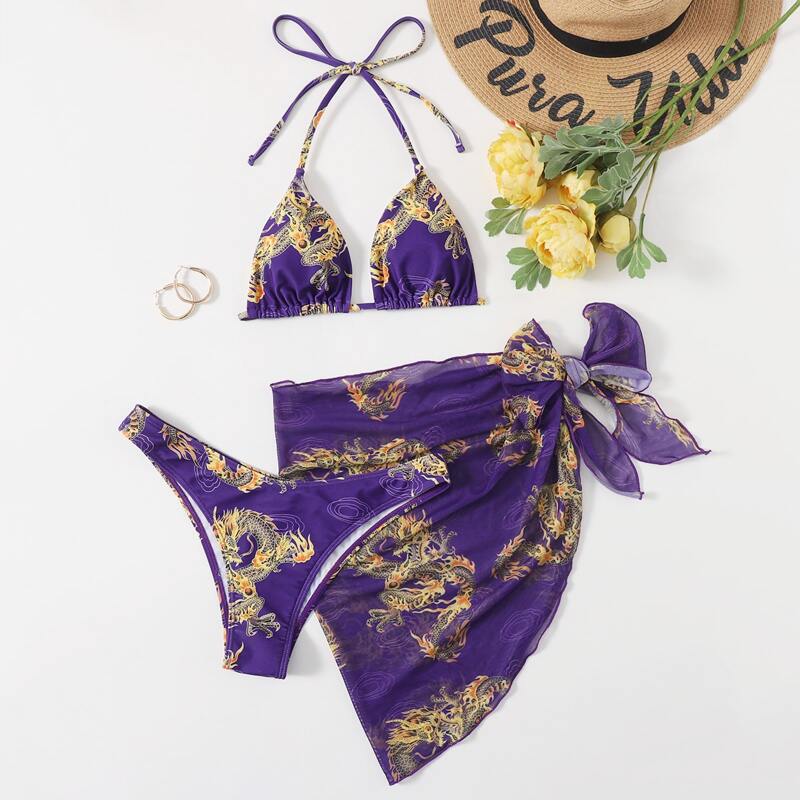 

Dragon Print Bikini Swimsuit & Beach Skirt, Purple