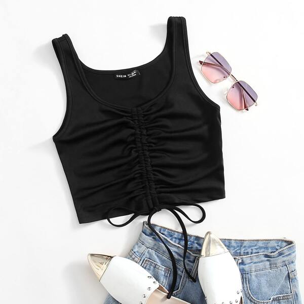 

Ruched Drawstring Knot Tank Crop Top, Black