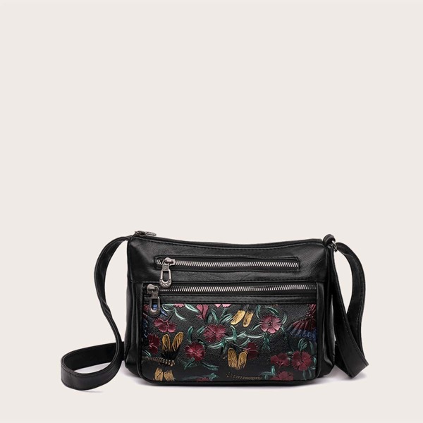 

Flower Pattern Crossbody Bag, Black