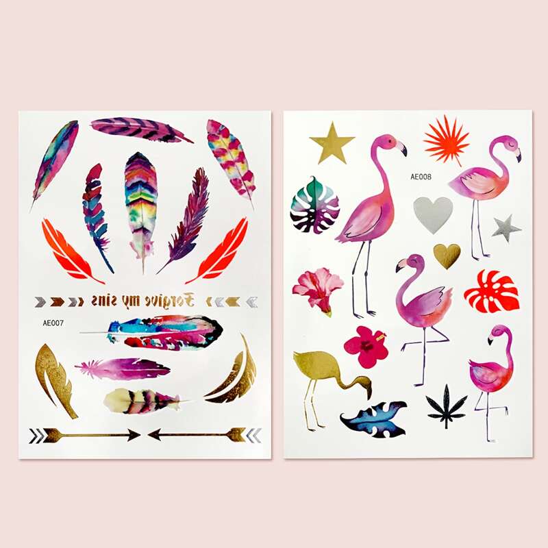 

2sheets Flamingo & Feather Tattoo Sticker, Multicolor