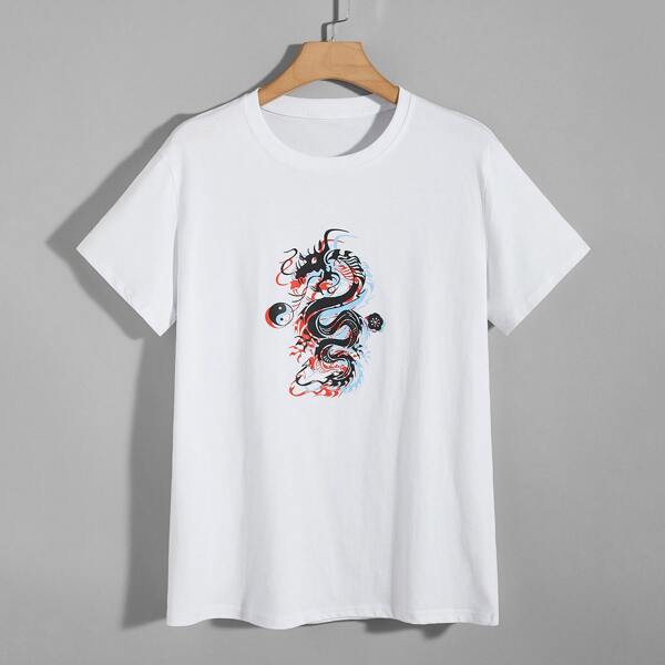 

Men Chinese Dragon Print Tee, White