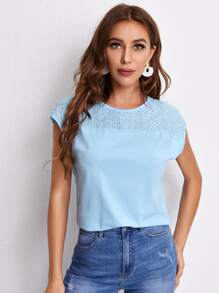 SHEIN LUNE Schiffy Yoke Solid Top - Baby Blue - View 1