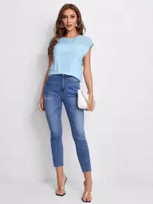 SHEIN LUNE Schiffy Yoke Solid Top - Baby Blue - View 4