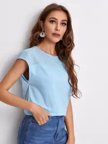 SHEIN LUNE Schiffy Yoke Solid Top - Baby Blue - View 5