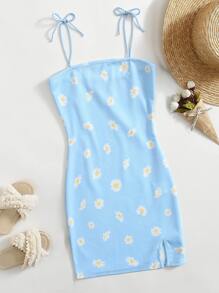 SHEIN Tween Girl Knot Strap Split Hem Floral Dress - Baby Blue - View 1