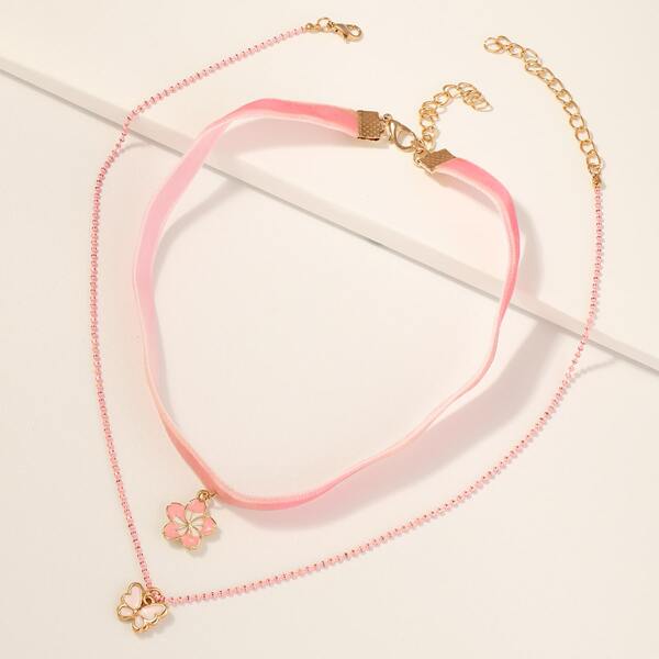 

2pcs Girls Flower Charm Necklace, Pink