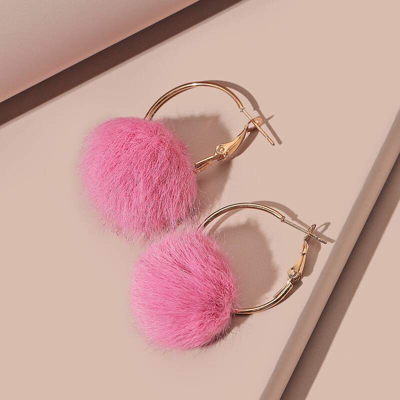 

Pom Pom Decor Hoop Earrings, Hot pink