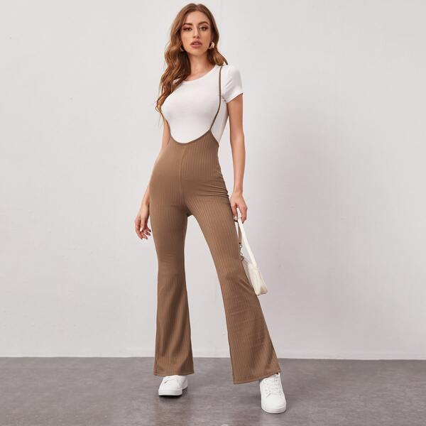 

Rib-knit Solid Overalls Without Tee, Mocha brown