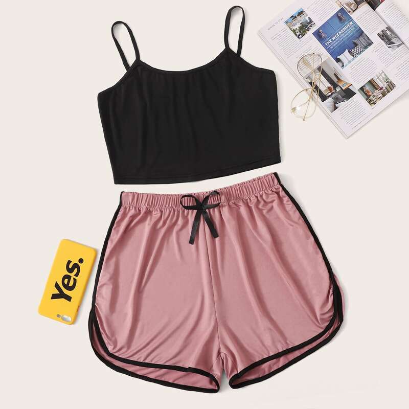 

Contrast Binding Elastic Waist Shorts PJ Set, Multicolor
