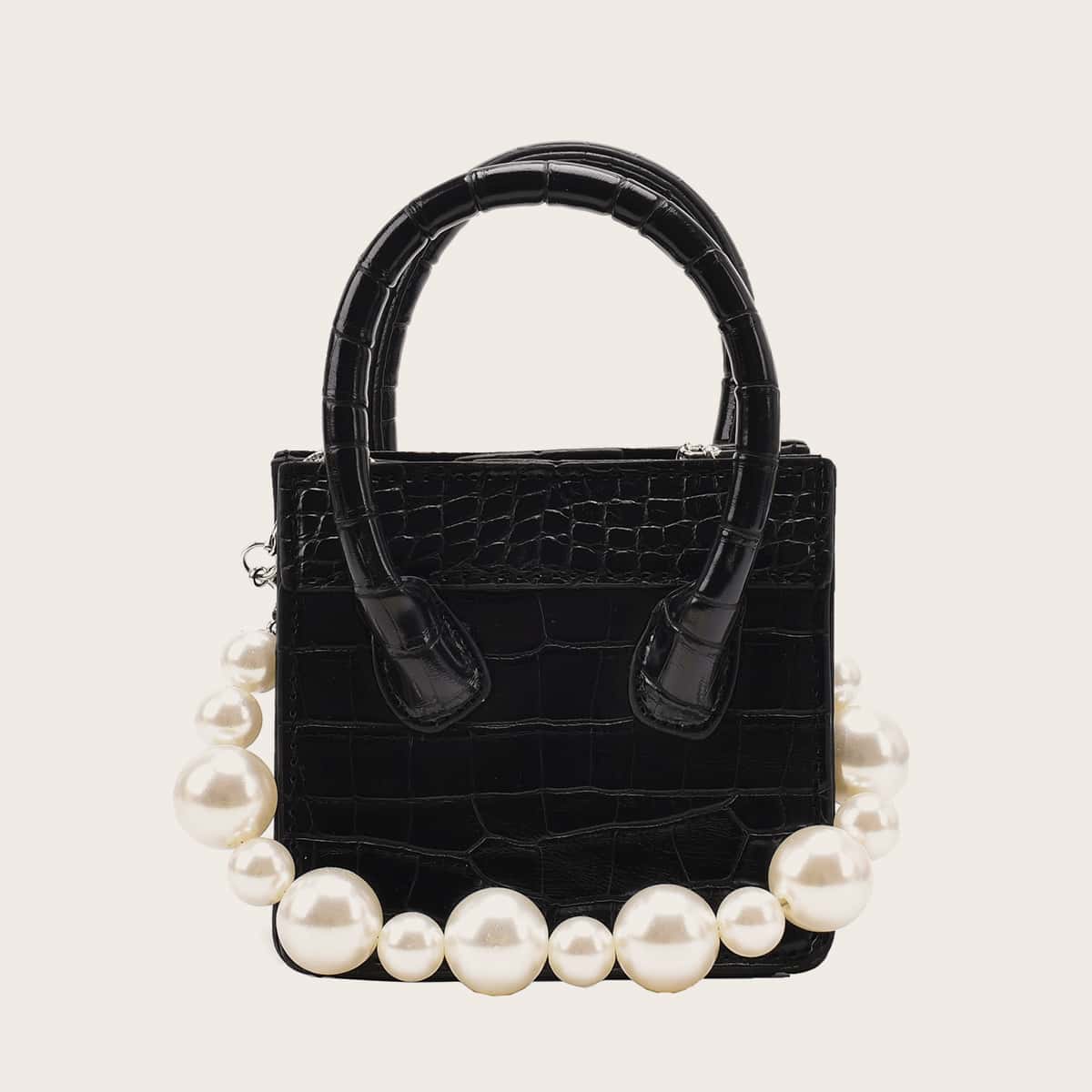 

Mini Faux Pearl Decor Croc Embossed Satchel Bag, Black