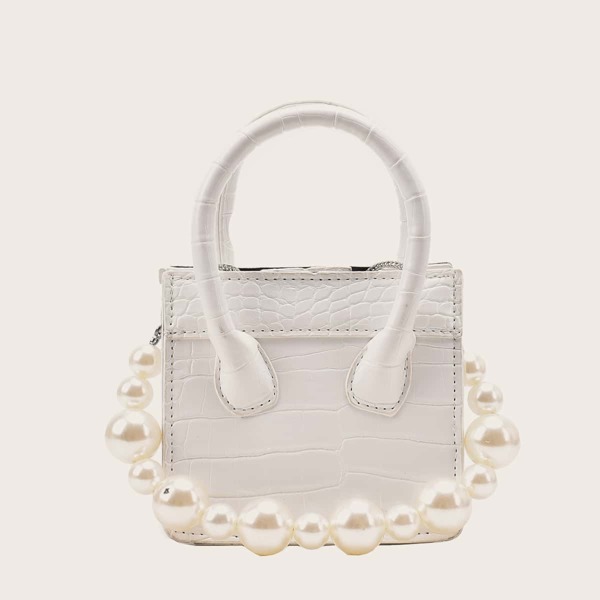 

Mini Faux Pearl Decor Croc Embossed Satchel Bag, White