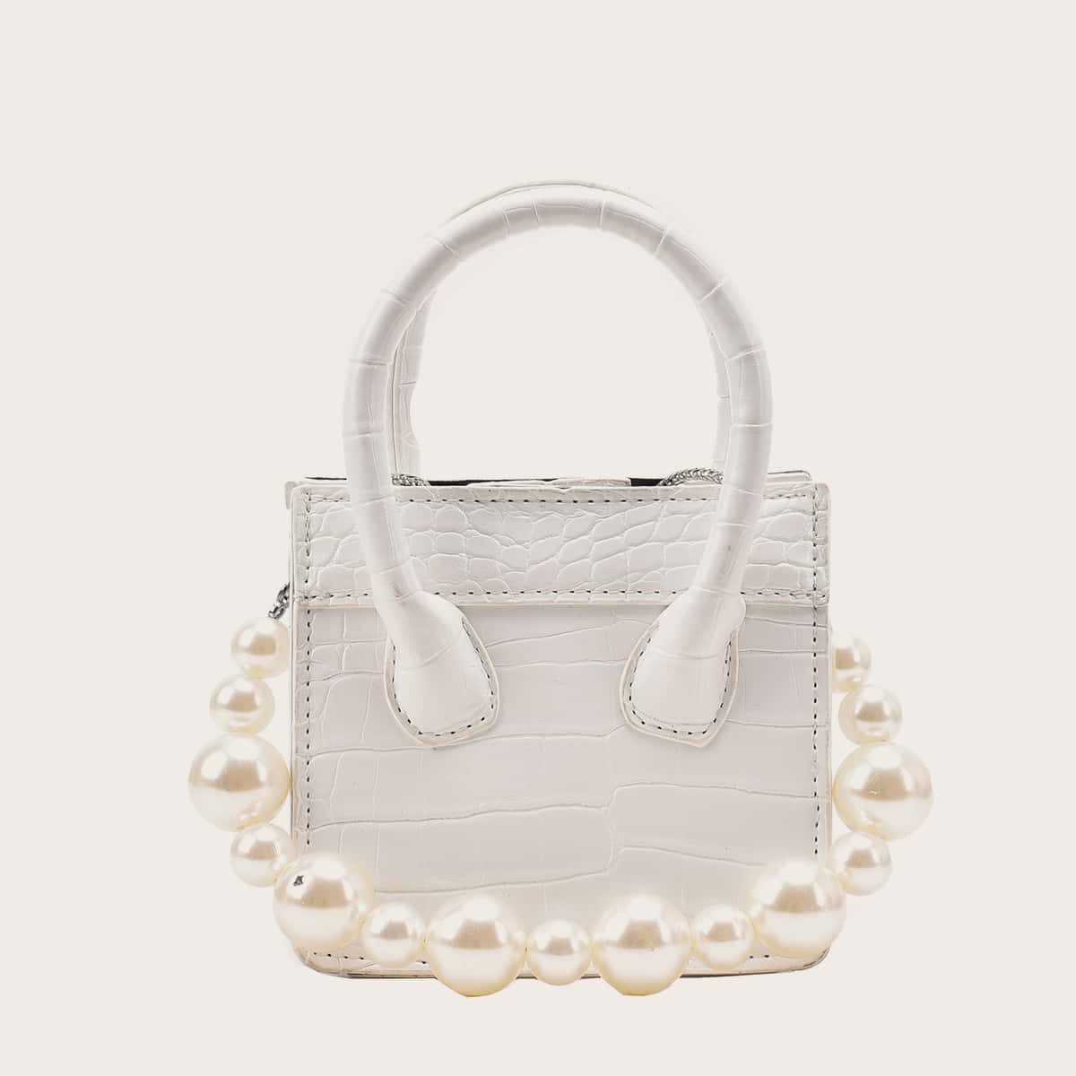 

Mini Faux Pearl Decor Croc Embossed Satchel Bag, White