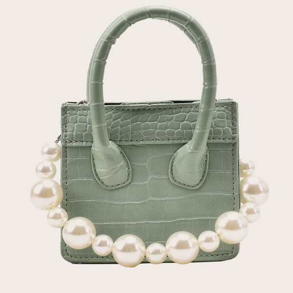 

Mini Faux Pearl Decor Croc Embossed Satchel Bag, Green
