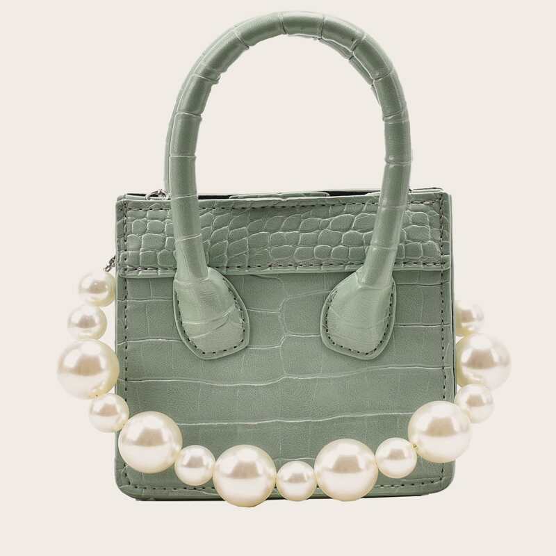 

Mini Faux Pearl Decor Croc Embossed Satchel Bag, Green