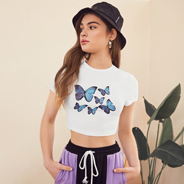 

Butterfly Print Crop Tee, White