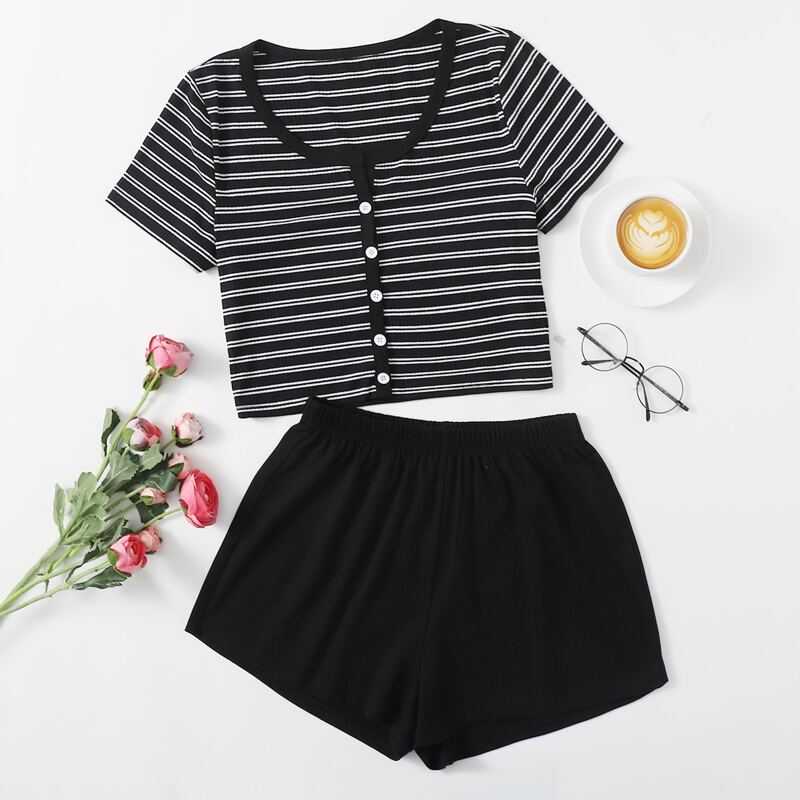 

Striped Tee & Shorts PJ Set, Black