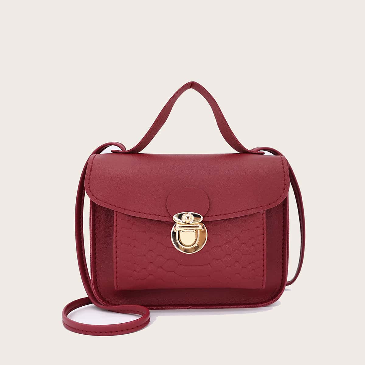 

Push Lock Pocket Front Top Handle Satchel Bag, Red