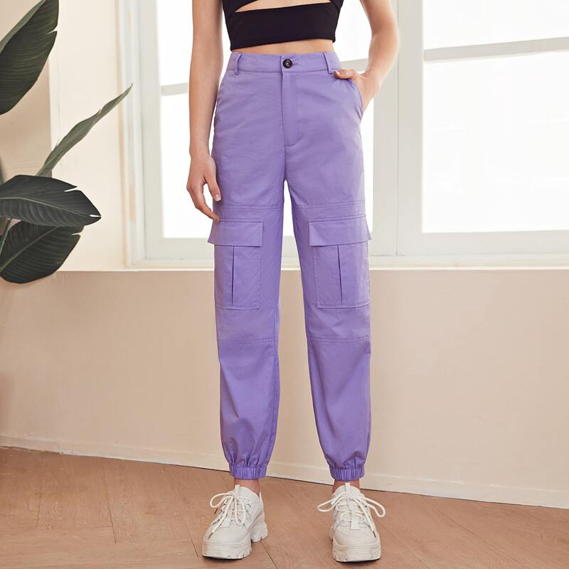 

Flap Pocket Front Carrot Pants, Lilac purple