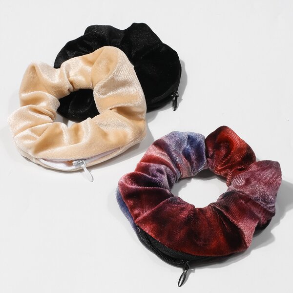 

3pcs Zipper Decor Pleated Scrunchie, Multicolor