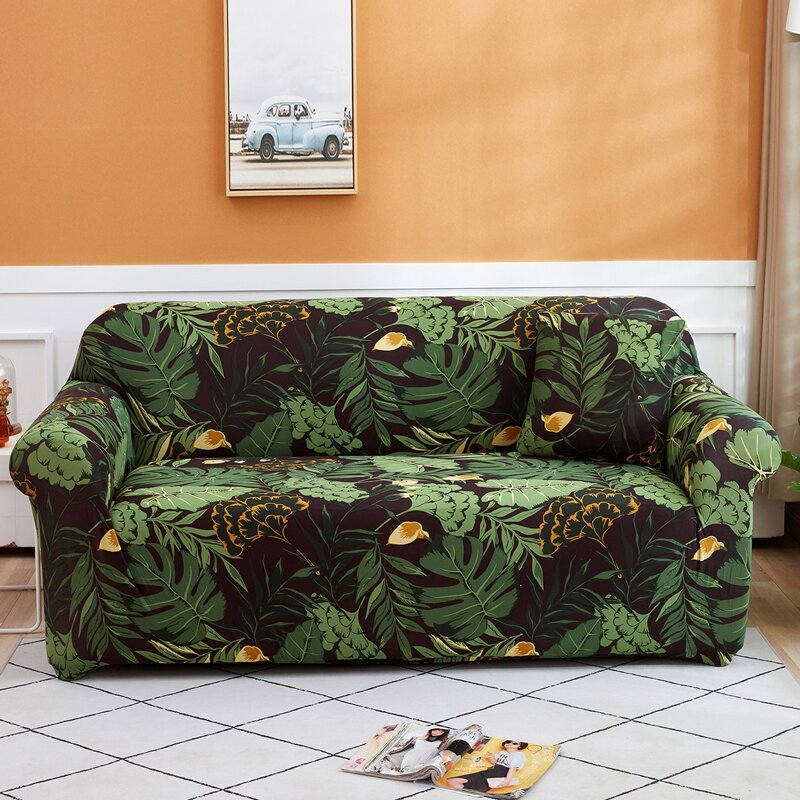 

Leaf Print Sofa Cover & 1pc Cushion Cover Without Filler, Green
