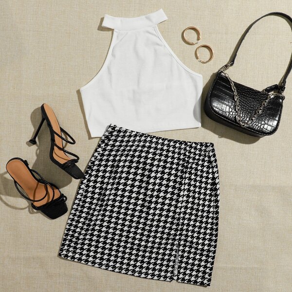 

Plus Halter Top & Split Hem Houndstooth Skirt Set, Black and white