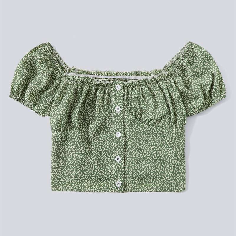 

All Over Print Button Front Shirred Blouse, Green