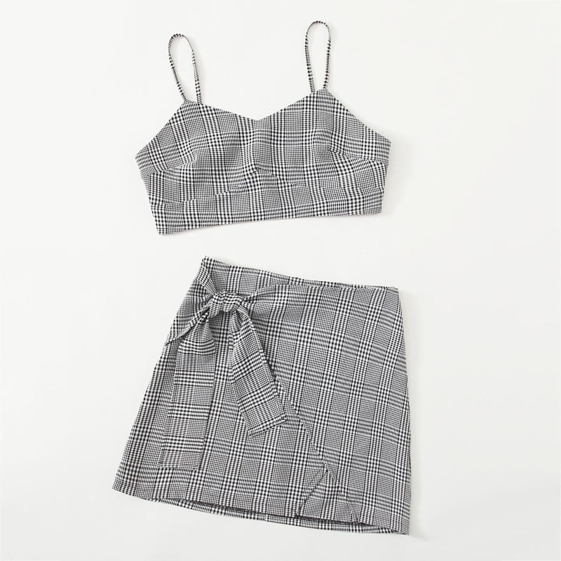 

Plaid Crop Cami & Bow Front Skirt, Light grey