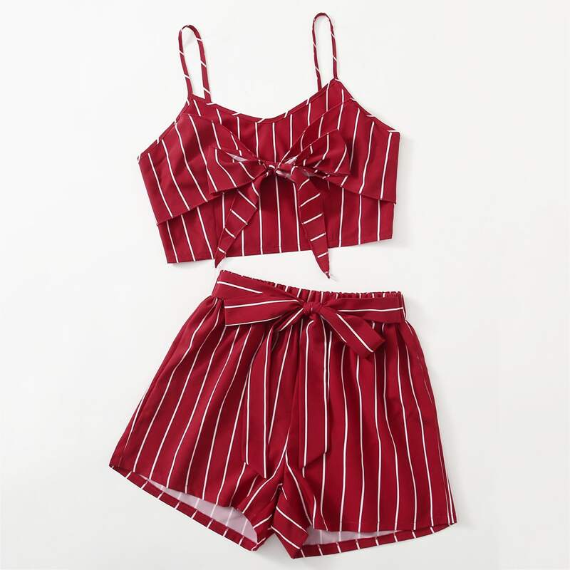 

Striped Bow Crop Cami & Tie Front Shorts, Red and white