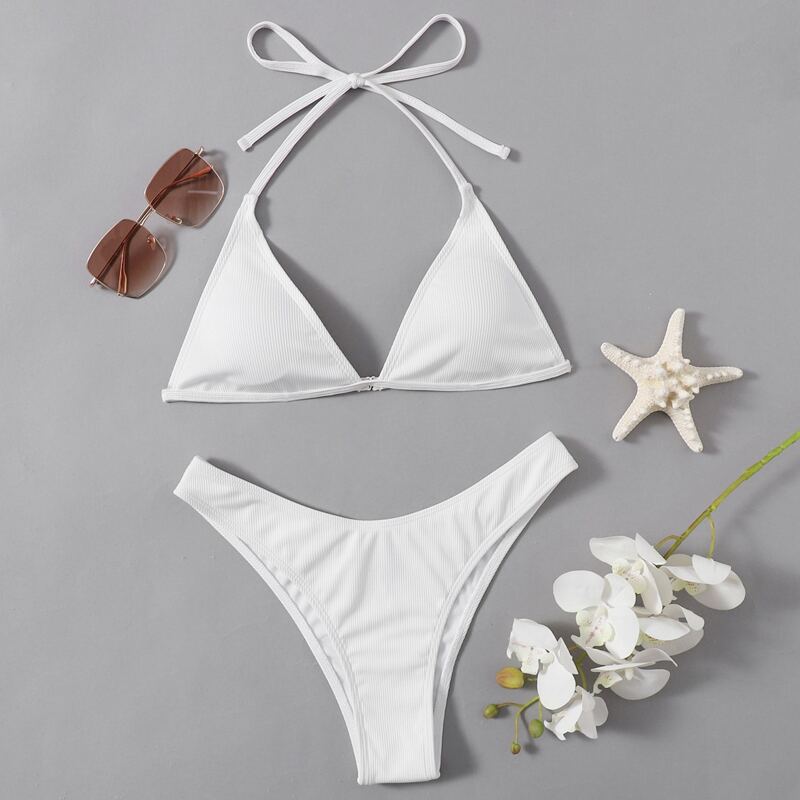 

Triangle High Leg Bikini Swimsuit, White