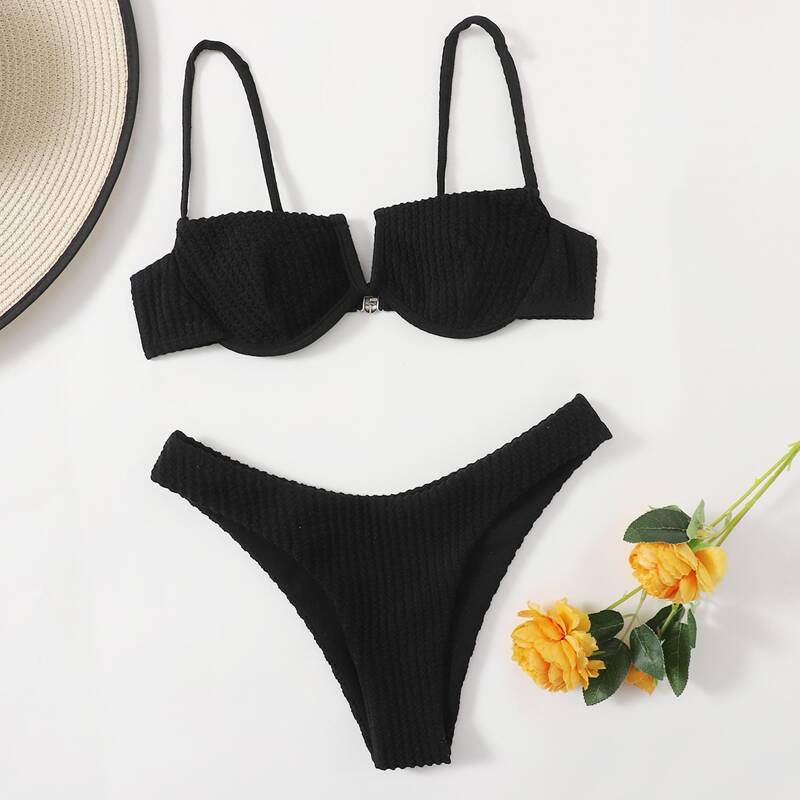 

Textured Underwire High Leg Bikini Swimsuit, Black