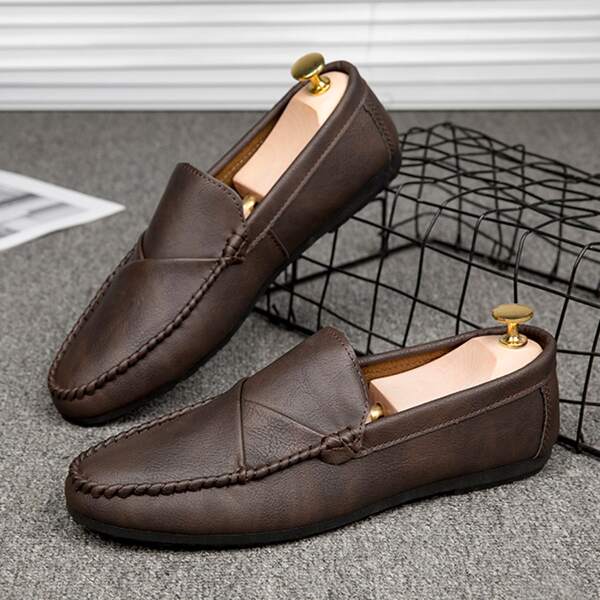 

Men Minimalist Stitch Trim Loafers, Brown