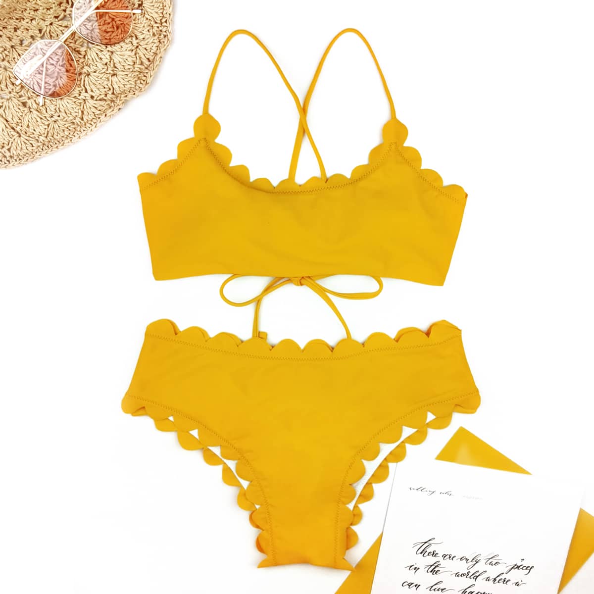 

Scallop Trim Lace-up Bikini Swimsuit, Yellow