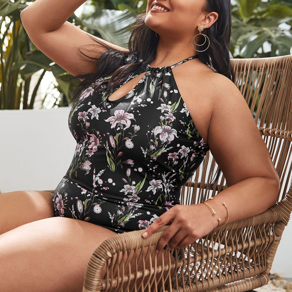 

Plus Floral Cut-out One Piece Swimsuit, Multicolor