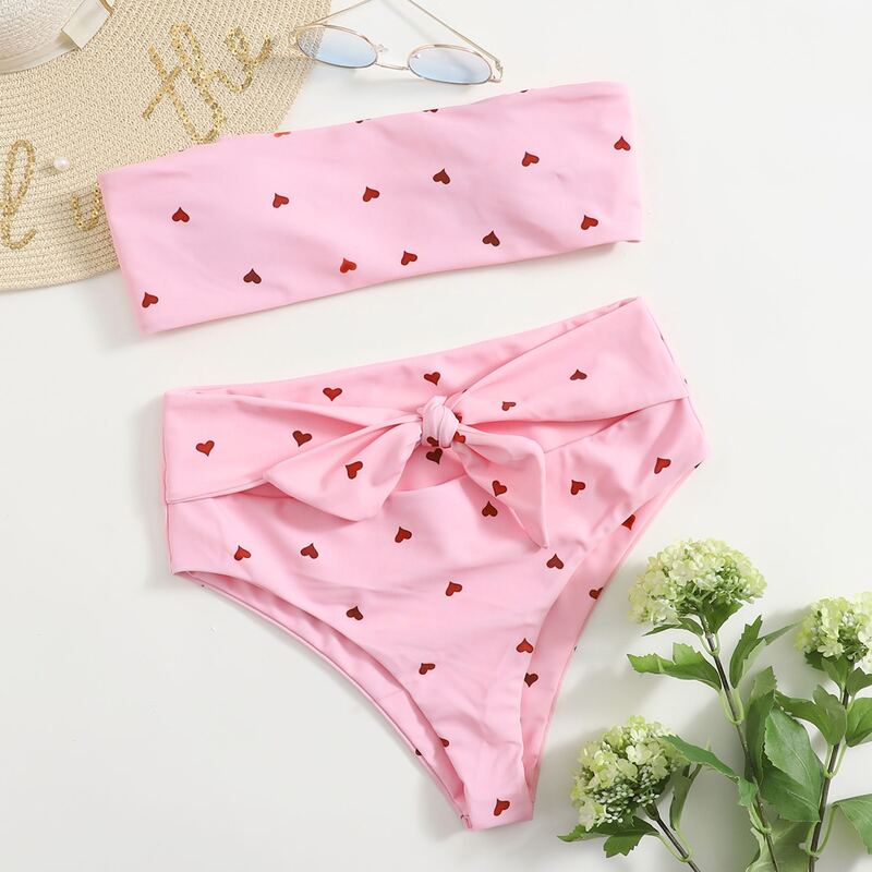 

Heart Print Knot Decor Bikini Swimsuit, Pink