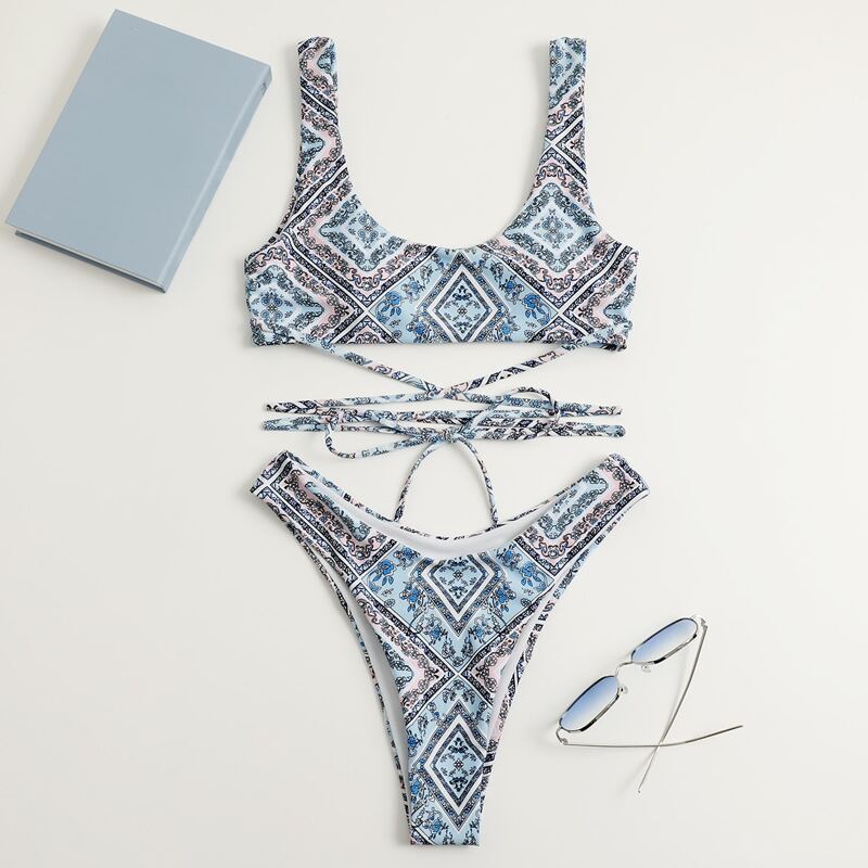 

Floral & Geometric Pattern Crisscross Bikini Swimsuit, Multicolor