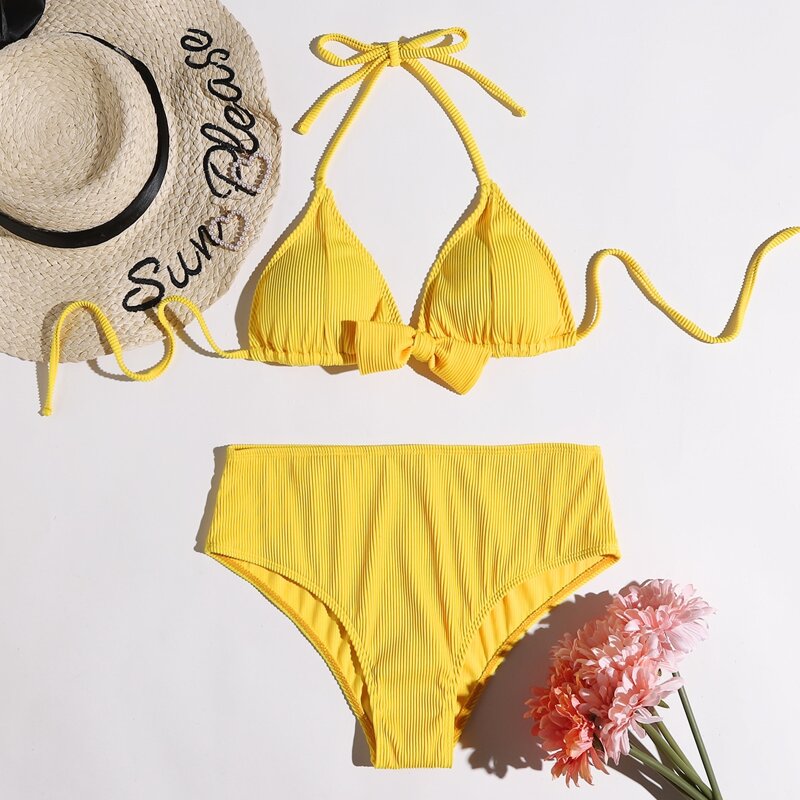 

Bow Decor Halter Bikini Swimsuit, Yellow