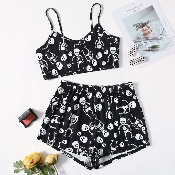 

Skeleton Print Cami Pajama Set, Black