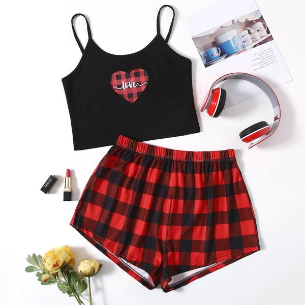

Heart And Gingham Print Cami Pajama Set, Multicolor