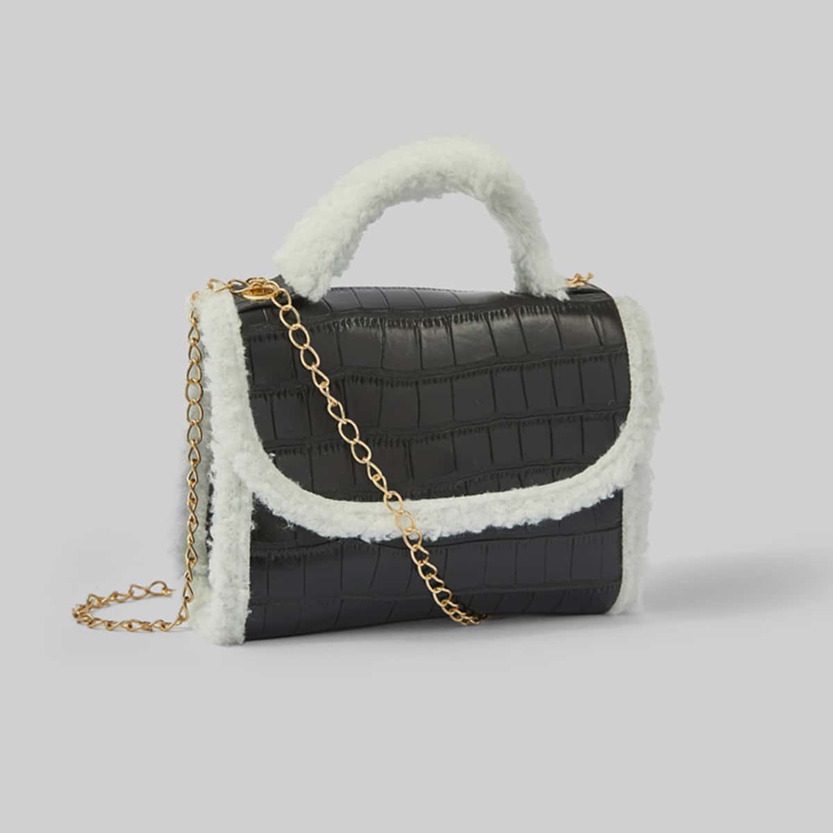 

Croc Embossed Contrast Binding Satchel Bag, Black