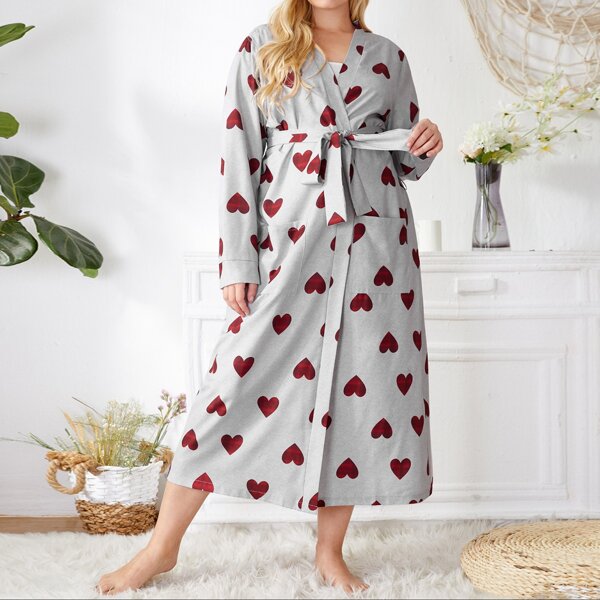 

Plus Heart Print Dual Pocket Belted Robe, Light grey