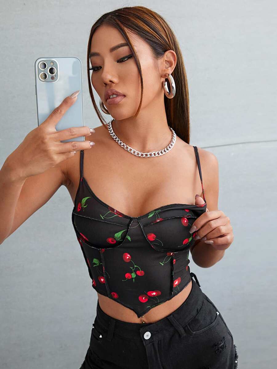 SHEIN Qutie Seam Front Asymmetrical Hem Cherry Print Cami Top - Black - View 1