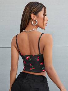 SHEIN Qutie Seam Front Asymmetrical Hem Cherry Print Cami Top - Black - View 2