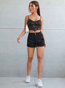 SHEIN Qutie Seam Front Asymmetrical Hem Cherry Print Cami Top - Black - View 4