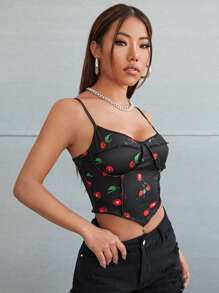 SHEIN Qutie Seam Front Asymmetrical Hem Cherry Print Cami Top - Black - View 5
