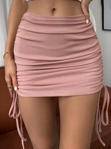 SHEIN Unity 抽褶抽繩結飾羅紋針織包臀半身裙 - 淺粉色 - 查看 3