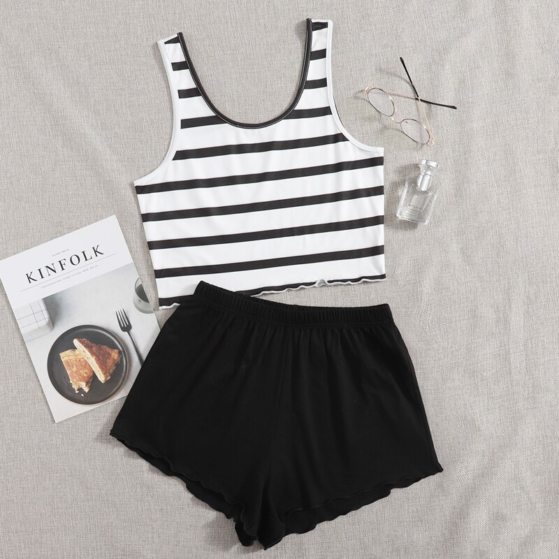 

Striped Crop Tank & Shorts PJ Set, Black and white