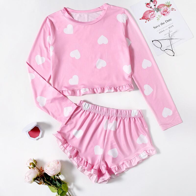 

Heart Print Ruffle Hem PJ Set, Pink